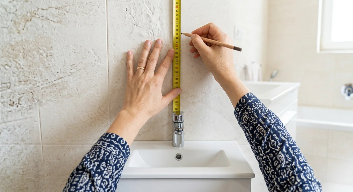 اندازه گیری محل نصب کابین روشویی با متر و تراز روی دیوار سرویس بهداشتی