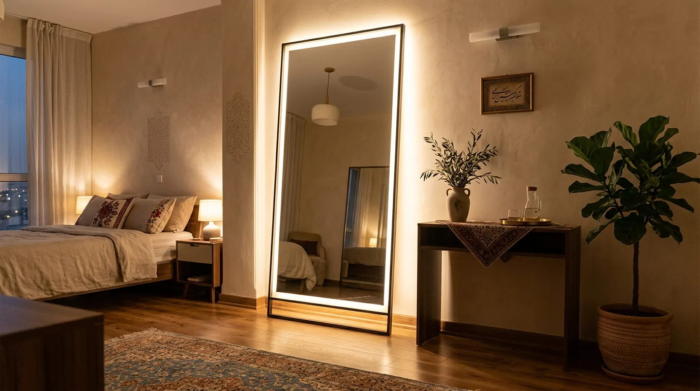 آینه قدی بک لایت ایستاده با هاله نور LED در اتاق خواب مدرن
